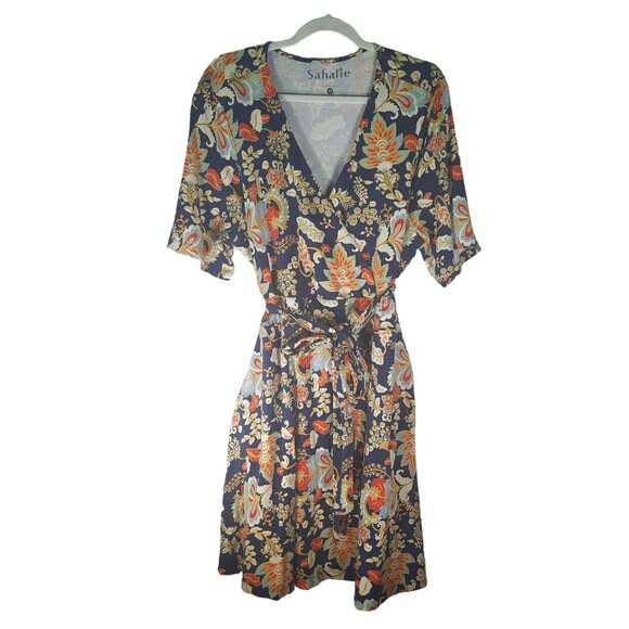 Sahalie Cotton Short Sleeve Stretchy Floral V Neck Dress - Picture 2 of 12